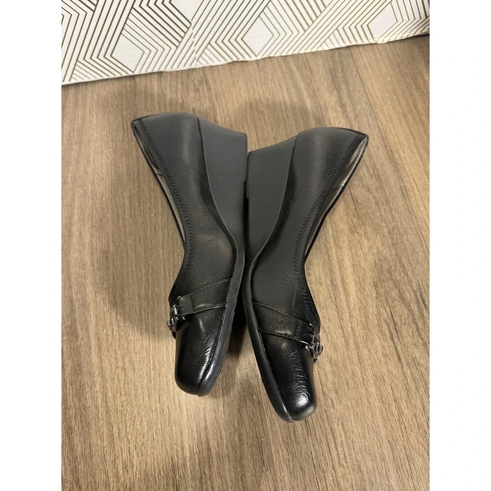 LifeStride Simply Comfort‎ Black faux Leather Square Toe Wedge Heels Women's  8W